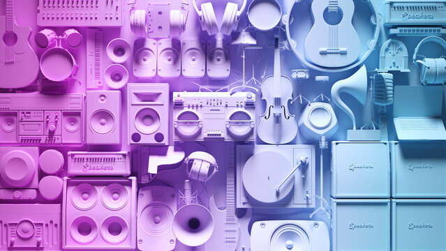 Pink Blue Vibrant Musical Equipment Instrument Production Wall 3d illustration render