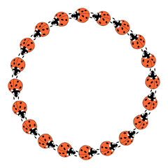 Vector round frame, border from cute red ladybugs. Simple bright background, decoration for spring, summer, natural, kids design