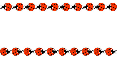 Vector border, frame of cute bright red ladybugs in doodle flat style. Horizontal top and bottom edging, decoration for Natural design, kids theme © Iuliia