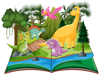 Opened book with dinosaur in prehistoric forest scene