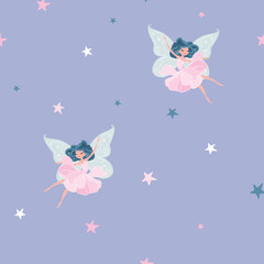 Beautiful seamless pattern design, butterfly girl with stars illustration, children artworks, wallpapers, posters, greeting cards prints. 