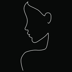 A silhouette of girl. Minimalist black and white illustration. Black background. One line drawing.
