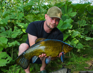 Happy angler holder a Large Tench caught while fishing. THe Tench is also known as Tinca Tinca or...