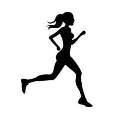 Black silhouette of running woman isolated on white background. Vector illustration.