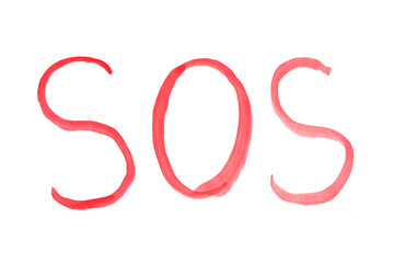 The word SOS is drawn with a brush of red paint on white paper.