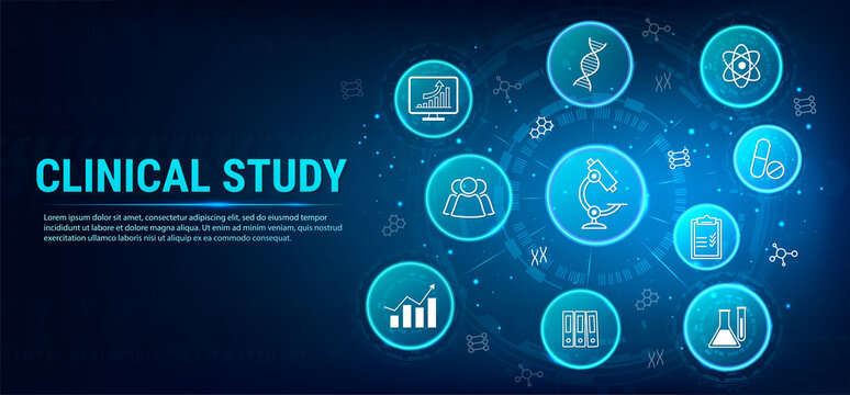 Clinical Study Concept Banner. Healthcare, Health Icons, Disease Diagnosis/Scientific Discovery Header Banner. Healthcare Modern Examination Of Human Health And Proper Treatment. Medical Concept