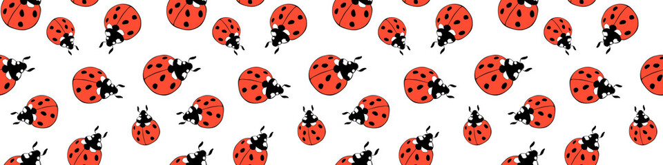 Vector seamless pattern of red ladybugs of different sizes in flat doodle style. Nature-themed background and texture, spring, summer, children's print, isolated