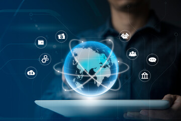 Businessman using tablet and virtual touch screen to online transactions with internet technology, concept of global data connection by internet technology, big data