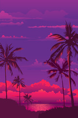 Poster, banner - sunset coconut palms with the reflection of the setting sun on the branches against a purple sky with pink clouds which goes beyond the horizon - 506788150