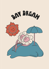 Colorful hippie poster. Vintage template for graphic prints on t-shirts in pastel colors. Retro background in 1970s style. Illustration with the inscription, smiling chamomile. Day dream.