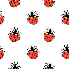 Vector seamless pattern of red cute ladybugs in doodle flat style. Background and texture on theme of nature, spring, summer, children print, isolated