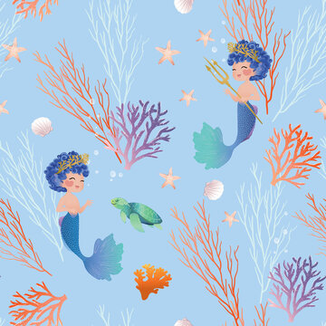 Seamless pattern design, cute merboy with corals.
