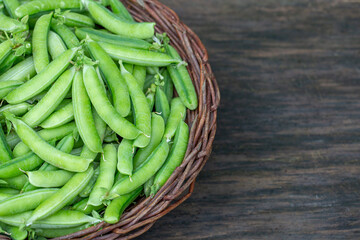 fresh peas in pods in a basket with copy space. Healthy eating concept
