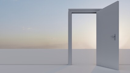 Open door outdoors with blue sky view 3d render