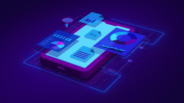 stylized animation, smartphone with charts, reports and files icon, concept of modern mobile business and financial market (3d render)