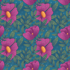 Fototapeta na wymiar Seamless pattern with digital illustration. Rosehip flowers, branches with thorns and leaves on a dark background. Intense color background with wild roses for wallpaper, wrapping paper, decoration.