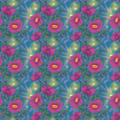 Seamless pattern with digital illustration. Rosehip, twigs, leaves and shimmer on a dark background. Background with wild roses for wallpaper, wrapping paper, decoration, etc.