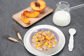 corn flakes with milk, peach, breakfast