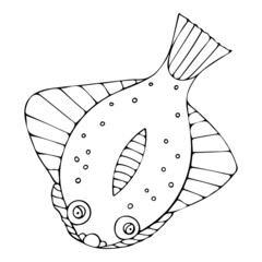 Hand drawn black and white Fish doodle sketch illustration.