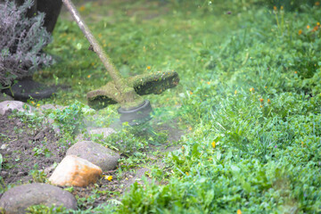 Lawn mover on green grass. Machine for cutting lawns.