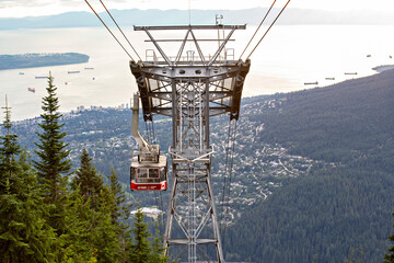 VANCOUVER, CANADA - October 2019: Grouse Mountain Skyride, cable car at sunset, North Vancouver,...