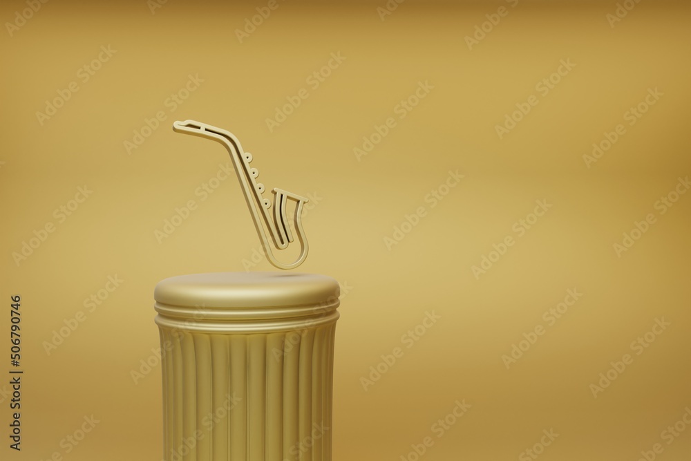 Poster Beautiful abstract illustrations golden Inclined Saxofon music symbol icons on a golden column and wonderful background. 3d rendering illustration. Background pattern for design.
