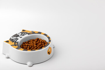 Cat food in a bowl on a white background