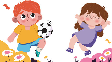 A boy with a soccer ball and a girl. Vector illustration isolated on transparent background