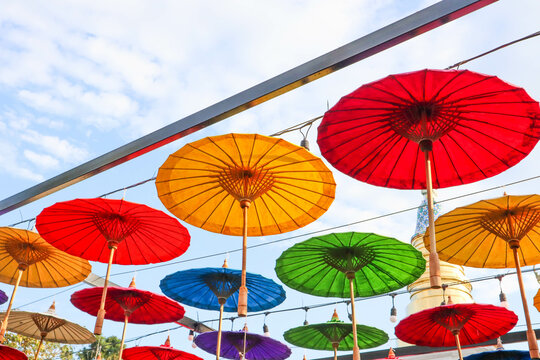 Chiangmai - THAILAND , December 1,2021 : Colorful handmade umbrellas at Chiangmai ,lanna style.