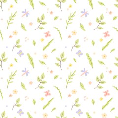 Floral pattern with elements leaves, branches, flowers and butterflies. Sweet illustration in flat stile for cards, packaging, craft paper, fabric, wallpaper, web design