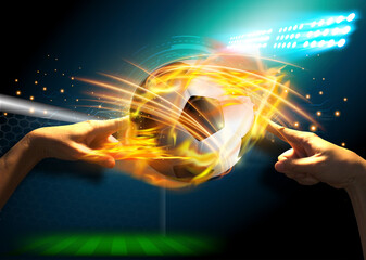 A hand holding Football in a fiery flame with football field.