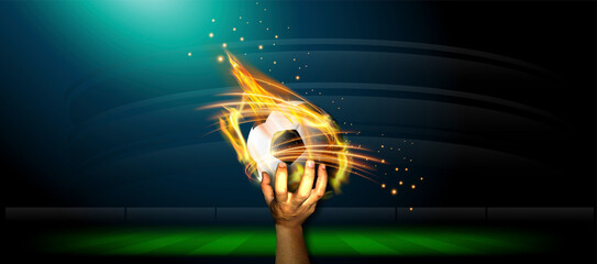 A hand holding Football in a fiery flame with football field.