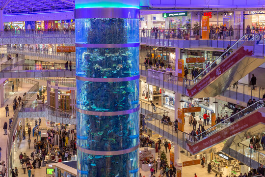 Moscow, Russia - December 8, 2015: IInterior of Aviapark shopping mall in Moscow.
