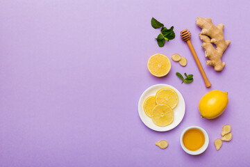 Natural cold and flu home remedies. Natural ingredients for immunity stimulation and viruses protection. top view flat lay