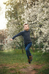 Cute boy in grey sweater and jeans is jumping in blooming cherry garden. Cute boy outdoor in the spring.