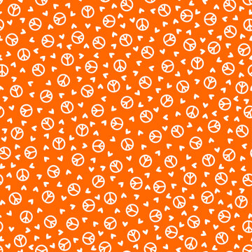 White peace sign hearts seamless pattern with orange background.