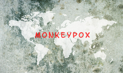 World map, monkeypox is standing on the textured background, outbreak of the MPXV virus, infectious disease spreading, pandemic
