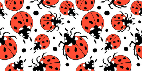 Vector seamless pattern of bright red ladybugs of different sizes in flat doodle style. Nature-themed background and texture, spring, summer, children's print, isolated