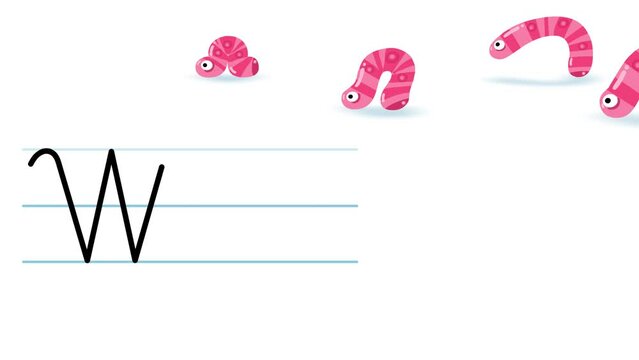 W letter writing like worm cartoon animation. A compatibile part of the alphabet serie. Handwriting educational style for children. Good for education movies, presentation, learning alphabet, etc...