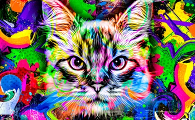 Fotobehang kattenkop met creatieve kleurrijke abstracte elementen op lichte achtergrond © reznik_val