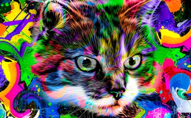 Zelfklevend Fotobehang cat head with creative colorful abstract elements on light background © reznik_val