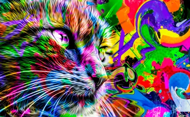 Zelfklevend Fotobehang cat head with creative colorful abstract elements on light background © reznik_val
