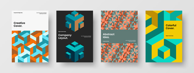 Obraz premium Fresh company identity A4 design vector layout set. Multicolored mosaic pattern front page illustration composition.