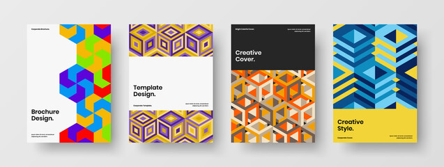 Fototapeta premium Vivid journal cover A4 design vector layout bundle. Amazing geometric pattern annual report illustration set.