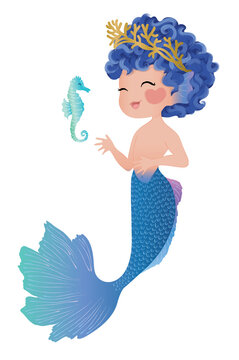 Cute merboy illustration, children artworks, wallpapers, posters, greeting cards prints. 