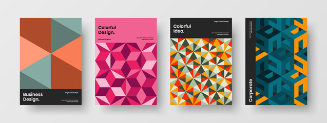 Trendy journal cover vector design template composition. Multicolored geometric tiles corporate identity concept set.