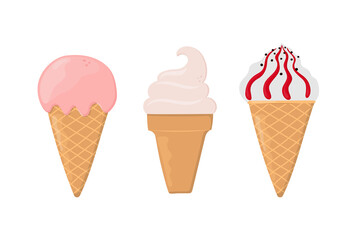 Set of hand drawn ice creams in waffle cones. Can be used for poster, print, cards and clothes decoration, for food design and ice cream shop logo.