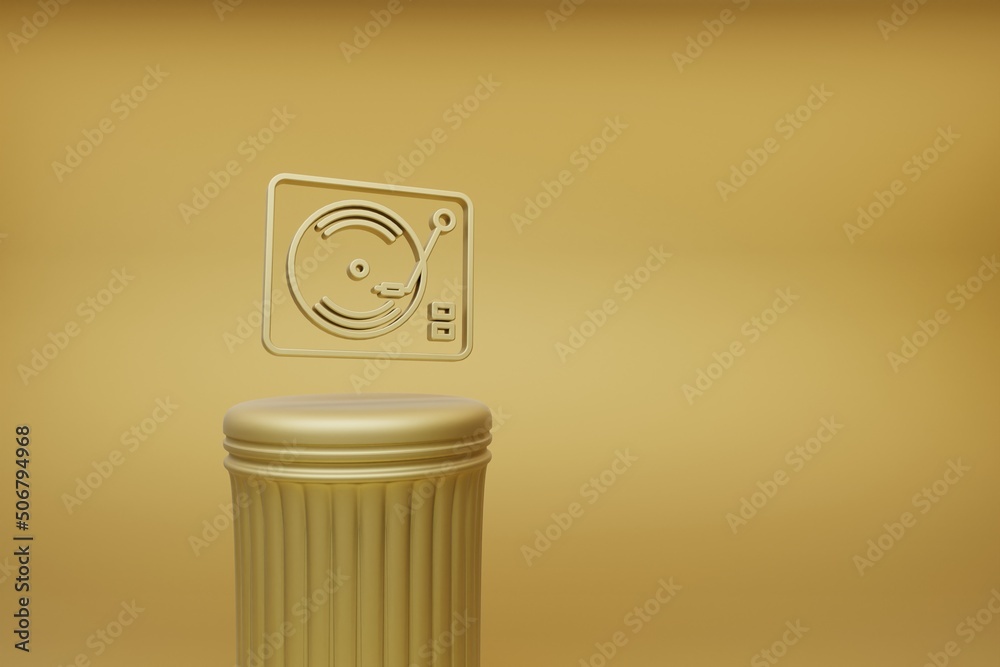 Poster Beautiful abstract illustrations golden Retro Record Player music symbol icons on a golden column and wonderful background. 3d rendering illustration. Background pattern for design.