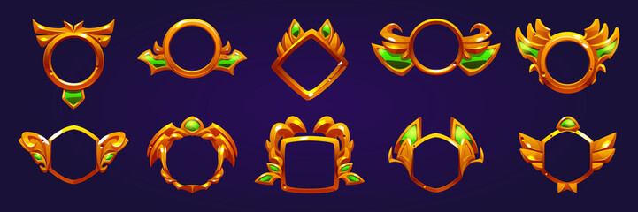 Golden avatar frames, game winner award badges isolated on background. Vector cartoon set of empty achievement emblems with decorative golden borders different shapes