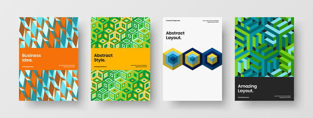 Amazing catalog cover design vector layout collection. Colorful mosaic hexagons company brochure illustration composition.